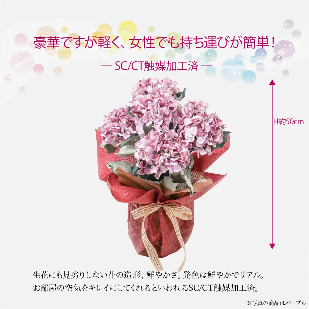 アーティフィシャルフラワー 紫陽花 大輪 5本立ち パープル SC触媒加工済