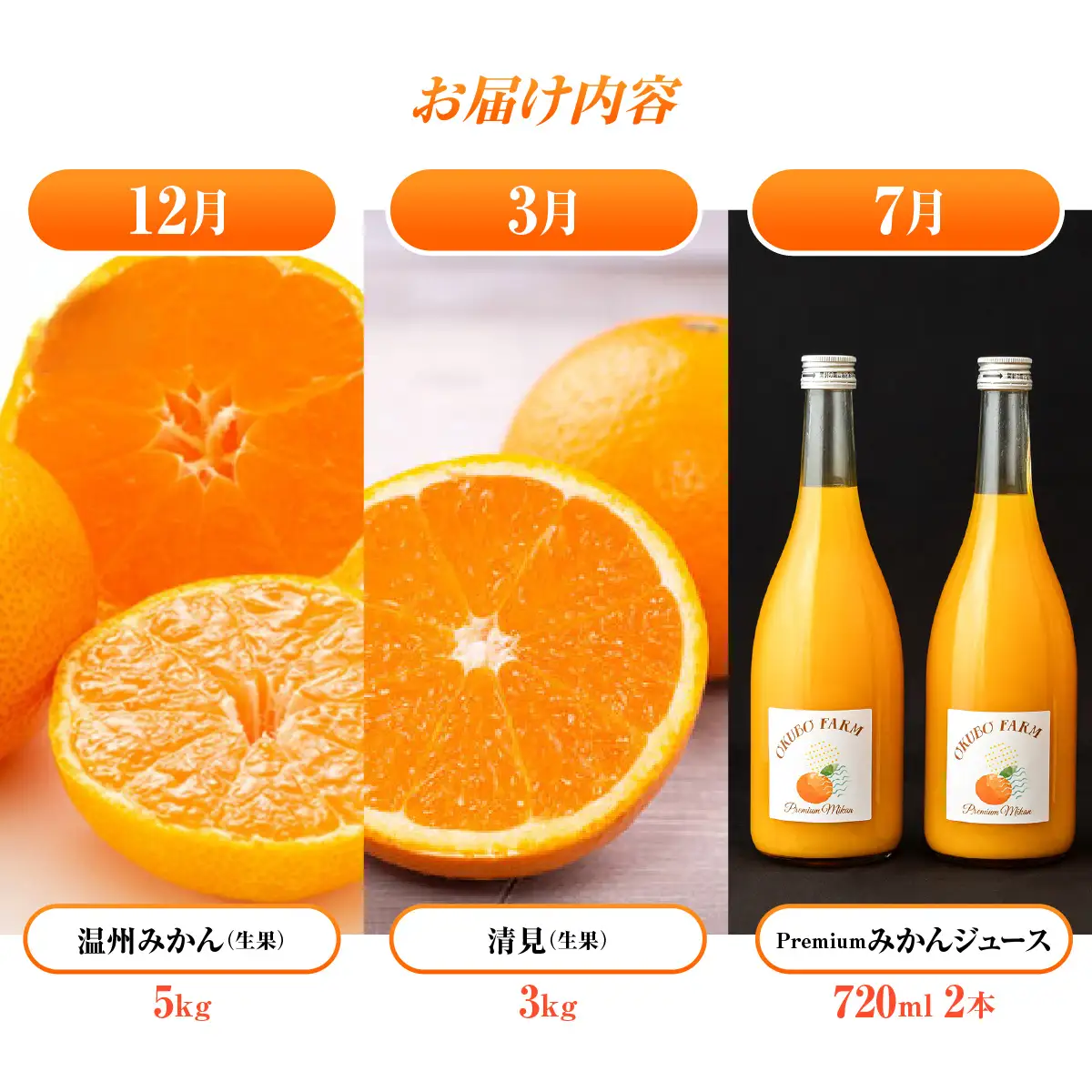 瀬戸の定期便　12月温州みかん(生果)5kg　3月清見(生果)3kg　7月Premiumみかんジュース720ml×2本 IKTAT026