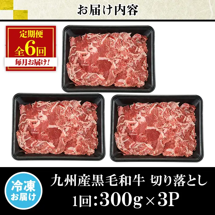 No.1376-B ＜定期便・全6回＞九州産 黒毛和牛切り落とし(総計5.4kg・300g×3P×6回) 牛肉 切落し 切り落し 和牛 冷凍 九州産 国産 小分け 国産牛 お肉 牛丼 野菜炒め カレー 定期便 冷凍 寄附額改定 小分け 【LRプラスK】