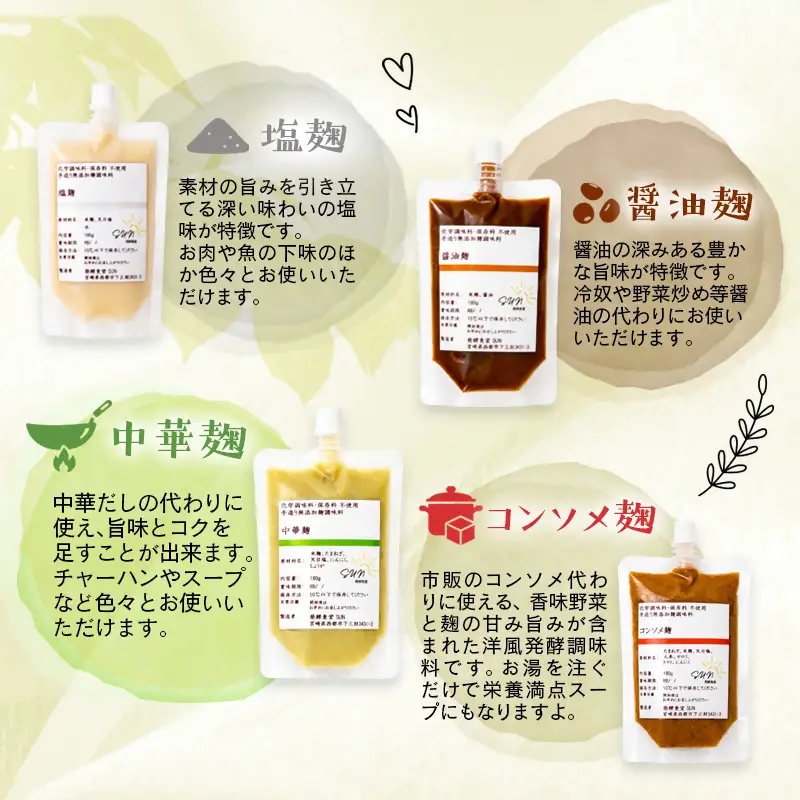 発酵食堂SUN 『麹調味料詰め合わせB』 塩麹・醤油麹・中華麹・コンソメ麹 180ml×4＜74-2a＞