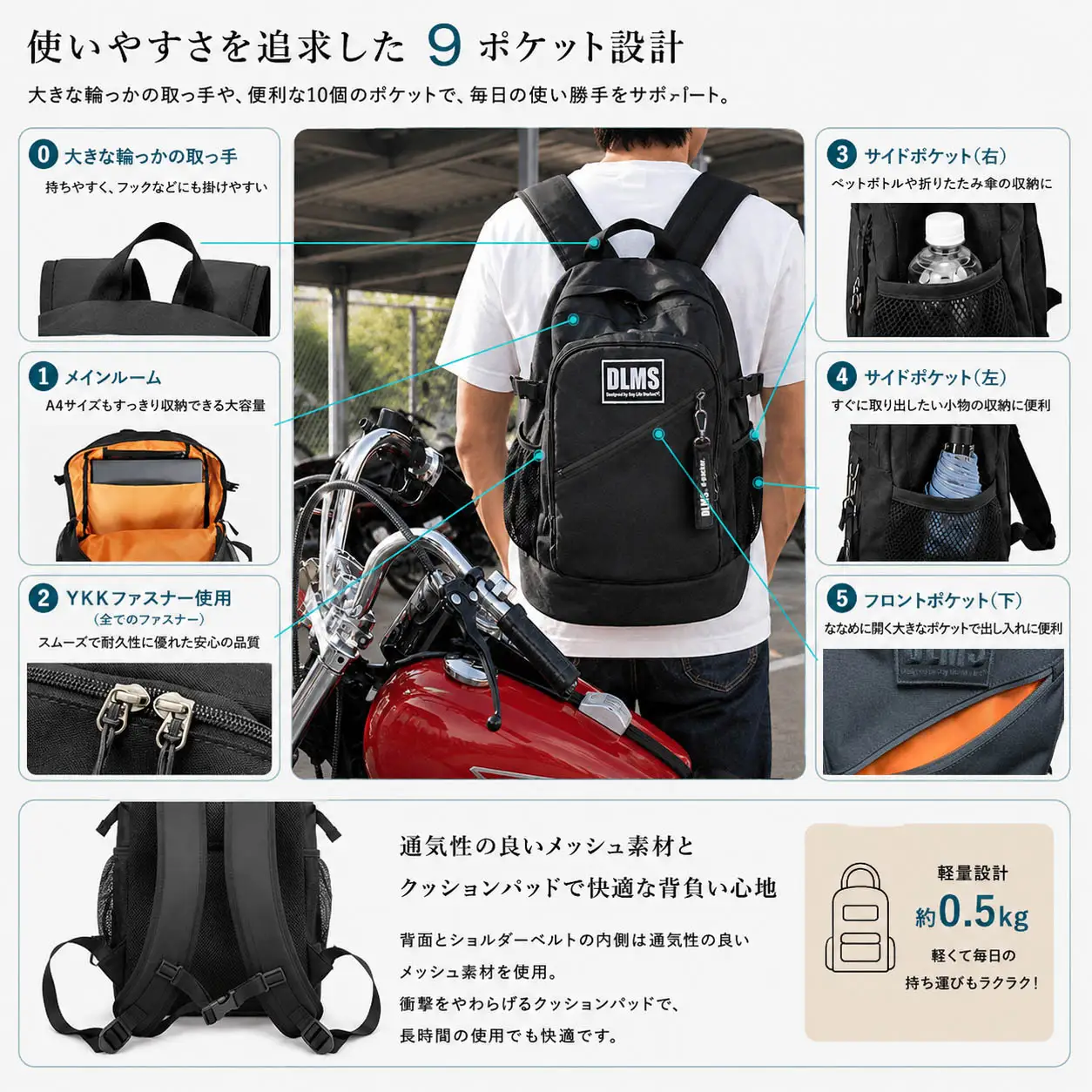 DLMS 撥水・軽量・大容量25L ワッペンロゴ バックパック（ブラック/ホワイト） WZ018-1
