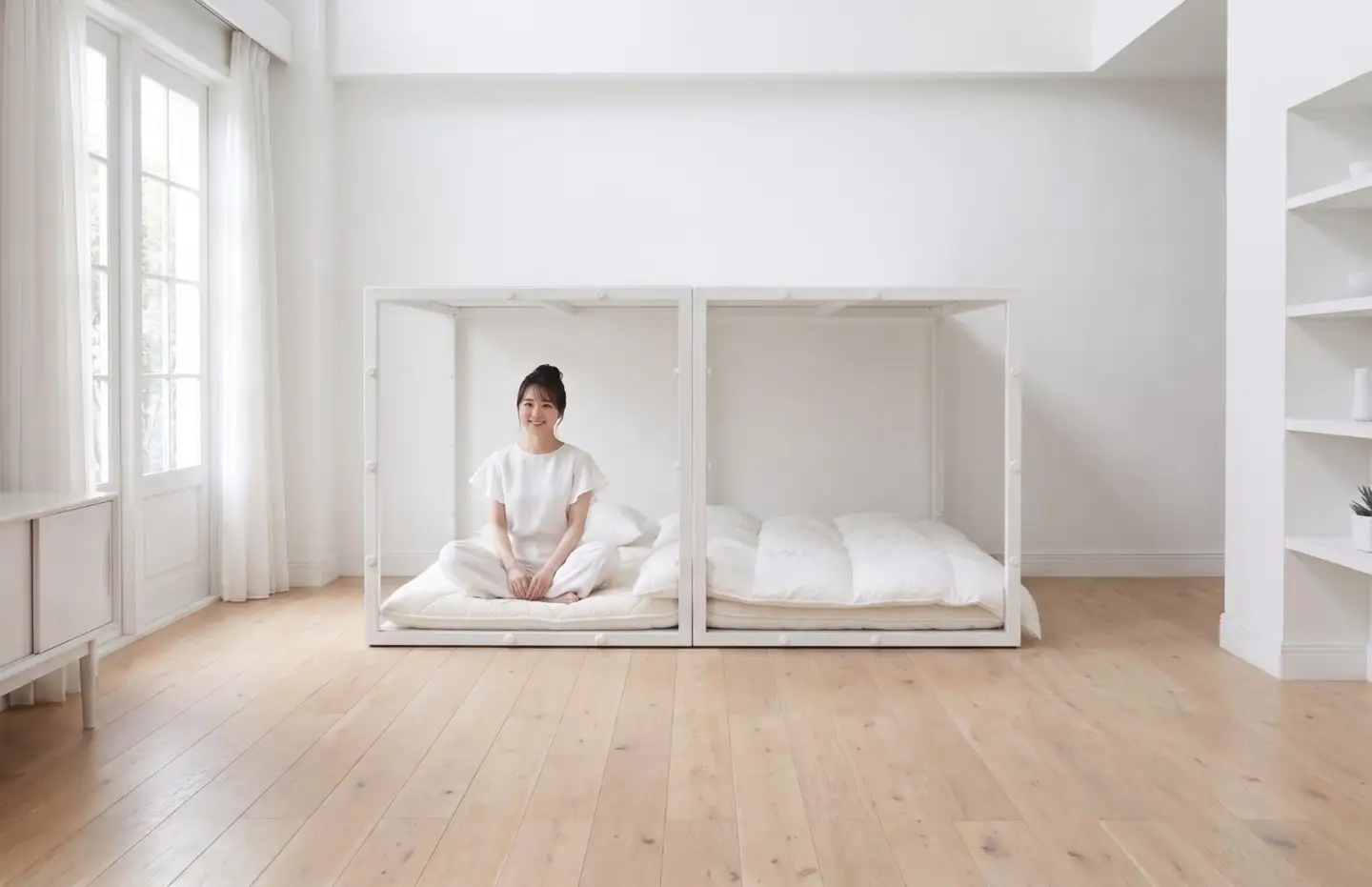 家がつぶれても命を守る家具。耐震シェルターベッド 『TETUNOMA（鉄の間）』セミダブルサイズ白　nis004