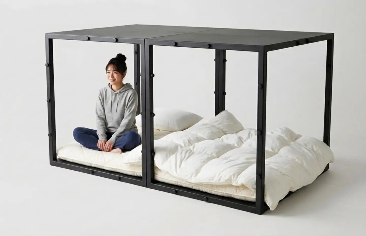 家がつぶれても命を守る家具。耐震シェルターベッド 『TETUNOMA（鉄の間）』ダブルサイズ黒　nis005
