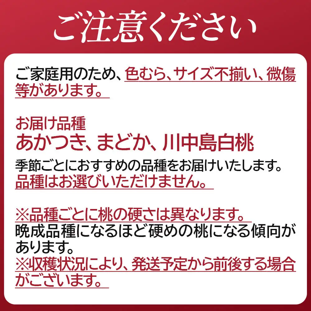 季節の赤い桃（あかつき、まどか、川中島白桃）家庭用 約3kg（約12玉～18玉） 喜三郎農園