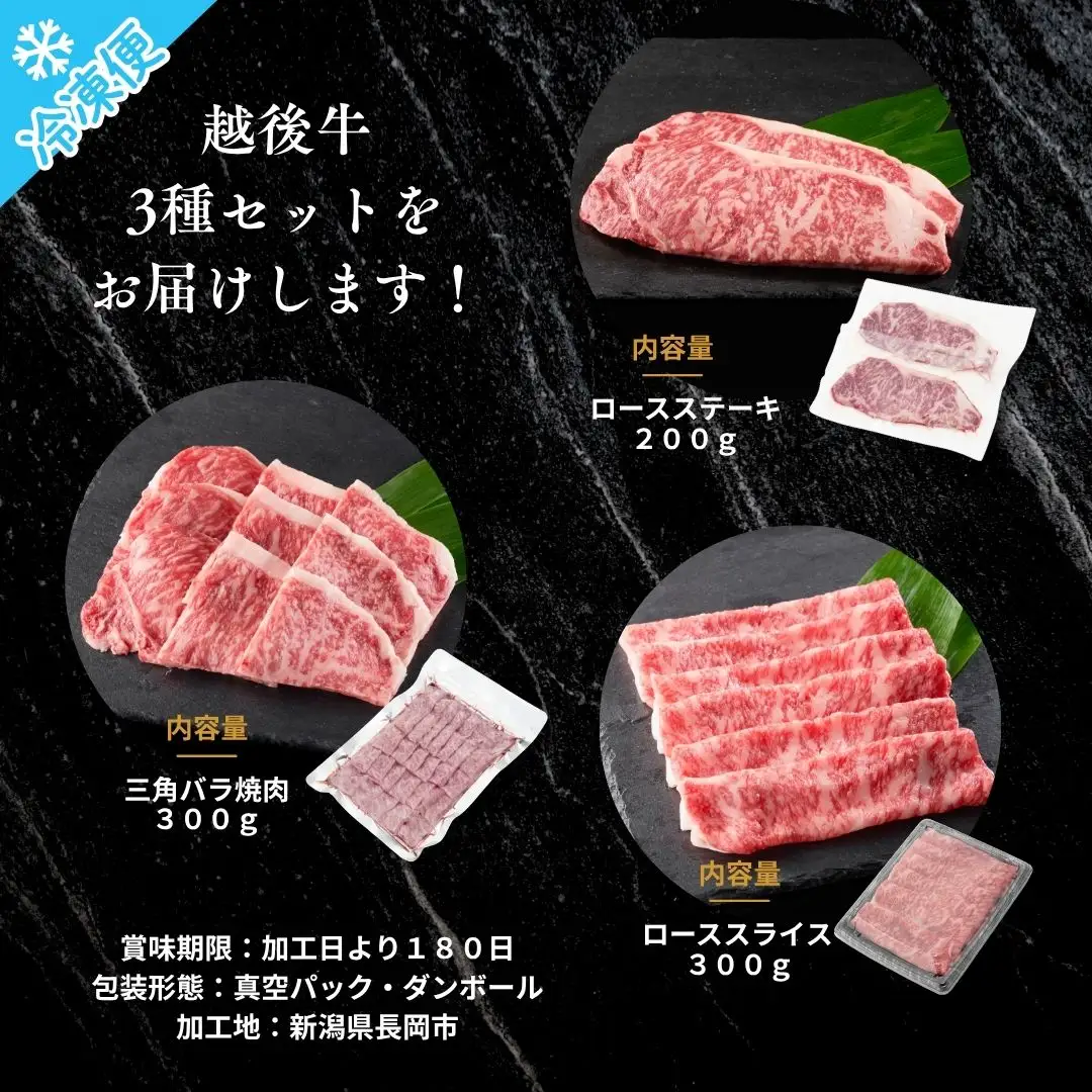 新潟 越後牛 3種  計700g 三国 | 冷凍 バラ肉 ロースステーキ ローススライス 新潟県 小千谷市