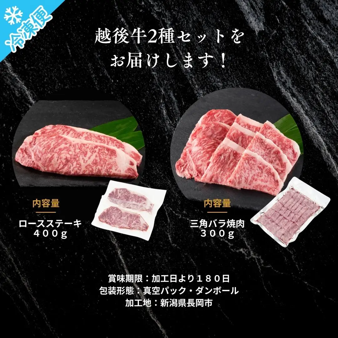 新潟 越後牛 2種  計700g 三国 | 冷凍 バラ肉 ロースステーキ 新潟県 小千谷市