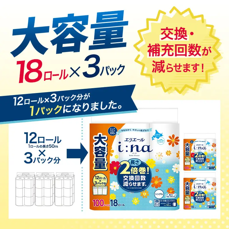 エリエールトイレットペーパーi:na【100m54ロール(18R×3パック)】