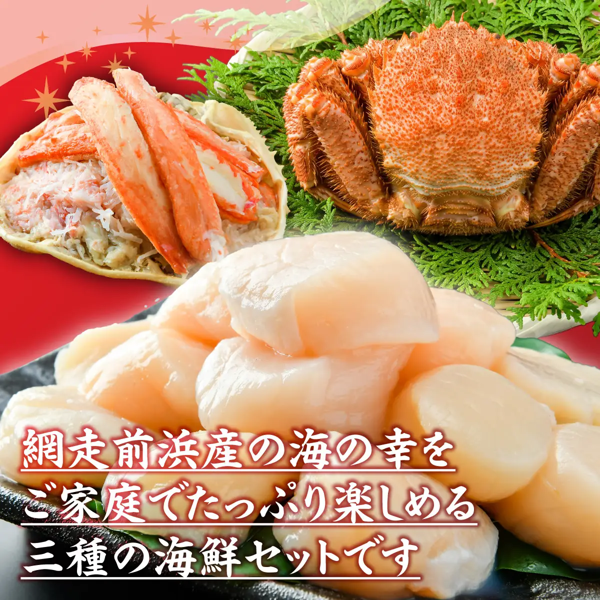 【数量限定】＜網走前浜産＞豪華海鮮3種セット【ホタテ貝柱500g・活〆浜茹で毛がに 2尾・本ズワイガニ甲羅盛り2個】 ABAI051