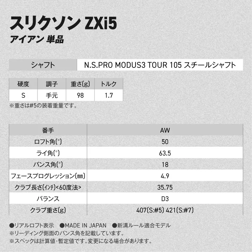 スリクソン ZXi5 アイアン N.S.PRO MODUS3 TOUR105 スチールシャフト 単品(AW/S)【2026モデル】〔IY-C704-AWS〕_(都城市)ダンロップ スリクソン ZXiシリーズ 2026年モデル アイアン スチールシャフト ゴルフ用品 スポーツ用品 日本製 MADE IN JAPAN 国産 ゴルフクラブ