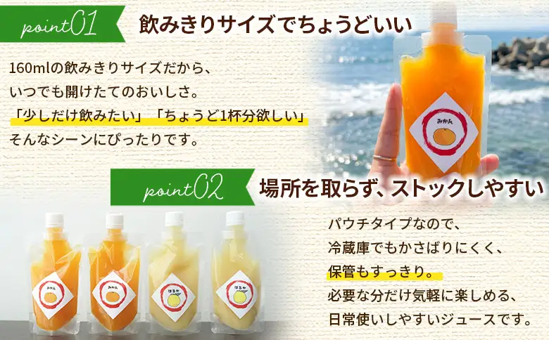 【感謝企画】＜100％ストレートジュース パウチタイプ 160ml×20個（2種類×10）＋パウチゼリー165g×2個＞『1か月以内に順次発送予定』種類はおまかせ 飲み比べ 果物 くだもの フルーツ 柑橘類 みかん 蜜柑 ミカン みかんジュース 飲料 渡江から一歩を踏み出す会 愛媛県 西予市【常温】ATI0066