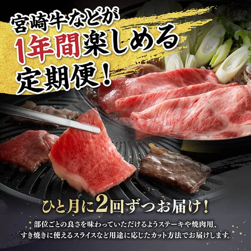 【4等級以上】至福の1年間！宮崎牛食べ比べ12ヶ月24回定期便（2027年1月から12月発送）  【 肉 牛肉 宮崎牛 宮崎県産 九州産 国産 ウデ モモ ロース ヒレ 牛タン すき焼き しゃぶしゃぶ スライス すきしゃぶ ステーキ 焼肉 】
