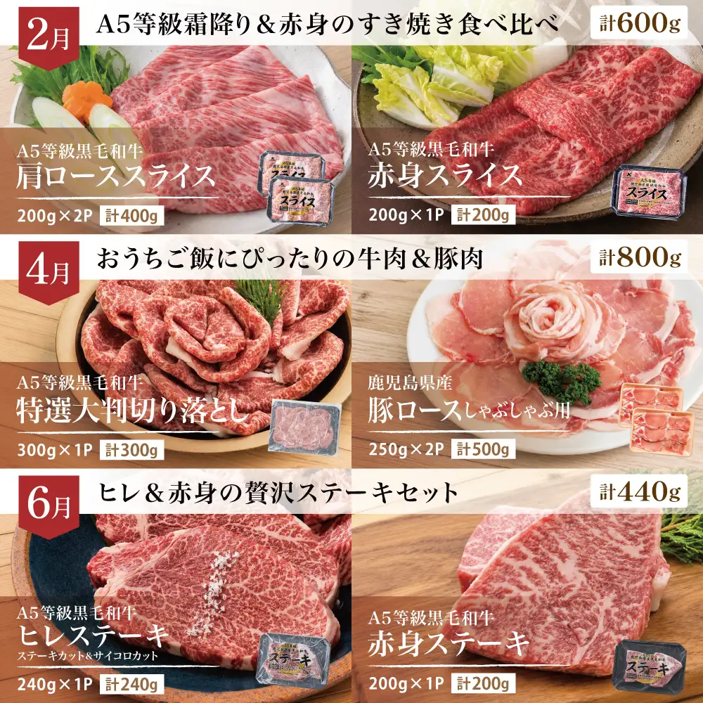 【定期便 全6回】情熱牧場 鹿児島県産お肉の定期便 シーズンセレクト すき焼き しゃぶしゃぶ 焼肉 ステーキ ローストビーフ A5等級 黒毛和牛 牛肉 豚肉 焼肉 ロース ヒレ バラ カルビ 赤身 スライス 切り落とし 小分け 厳選 定期便 冷凍 カミチク 鹿児島 南さつま市