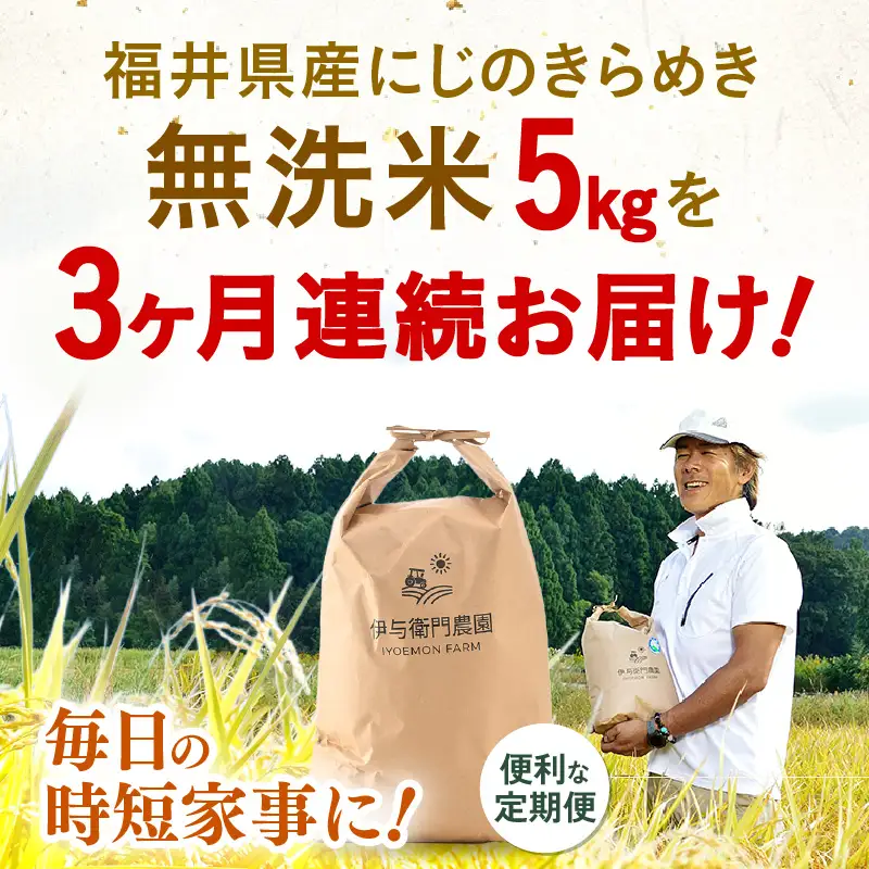 【先行予約】【令和8年産】定期便 ≪3ヶ月連続お届け≫ にじのきらめき 無洗米 5kg×3回 / 鮮度抜群 15キロ 福井県あわら産 無洗米 お米 ※2026年10月上旬より順次発送 [aw071-c007]