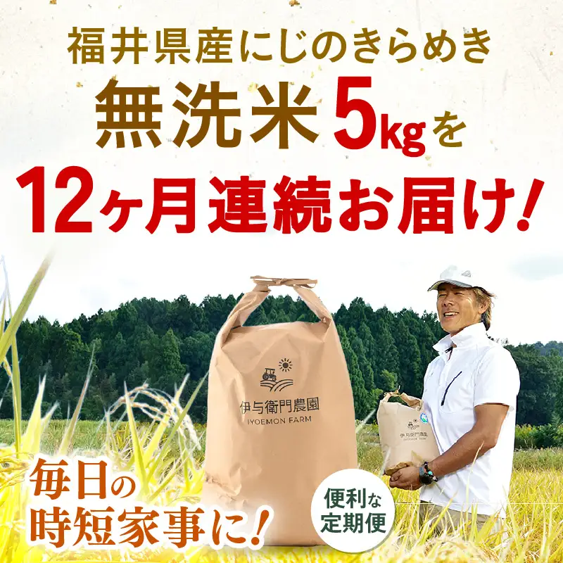 【先行予約】【令和8年産】定期便 ≪12ヶ月連続お届け≫ にじのきらめき 無洗米 5kg×12回 / 鮮度抜群 60キロ 福井県あわら産 無洗米 お米 ※2026年10月上旬より順次発送 [aw071-l005]