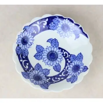 有田焼 輪花渕六寸皿 渦ひまわり【大慶】うつわ 器 食器 皿 染付 青 プレート 18cm 向日葵 ci093