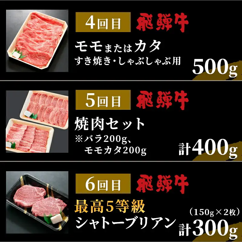 5等級 シャトーブリアン入り 飛騨牛 定期便 全6回 A5等級 すき焼き しゃぶしゃぶ ステーキ 焼肉 BBQ ロース 肩ロース ロースステーキ カルビ 切り落とし 贅沢 モモ カタ ギフト 6ヶ月 定期 おすすめ 人気 飛騨 牛 肉 和牛 黒毛和牛 ブランド牛 養老ミート