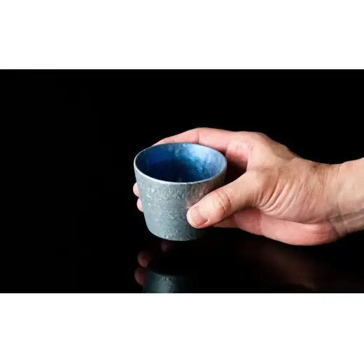 ＜NYが認めた逸品＞  有田焼 麟 Lin シルバー冷酒器 2点セット (片口 Purple カップ Blue)【金照堂】 酒器 ぐい呑み お猪口 徳利 bj071