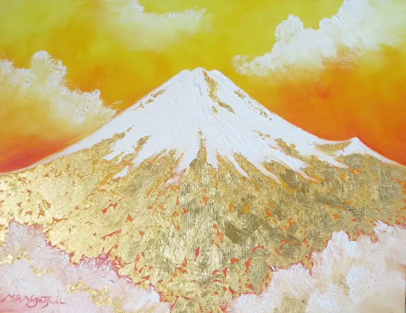 1100-114-01 純金箔の富士山画 「黄金の富士山 F6号」 洋画家 永月水人 作 油絵