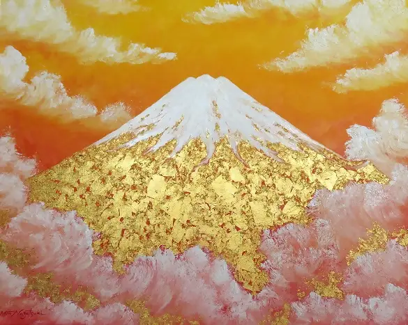 1468-114-01 純金箔の富士山画 「黄金の富士山 F8号」 洋画家 永月水人 作 油絵