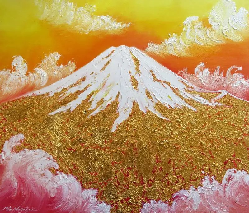 1835-114-01 純金箔の富士山画 「黄金の富士山 F10号」 洋画家 永月水人 作 油絵