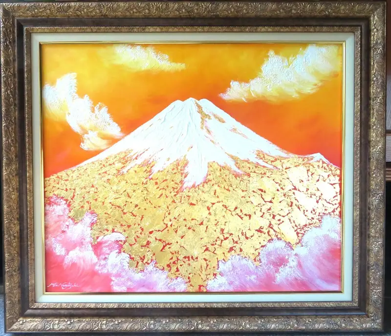 3670-114-01 純金箔の富士山画 「黄金の富士山 F20号」 洋画家 永月水人 作 油絵