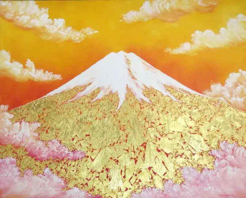 7340-114-01 純金箔の富士山画 「黄金の富士山 F40号」 洋画家 永月水人 作 油絵