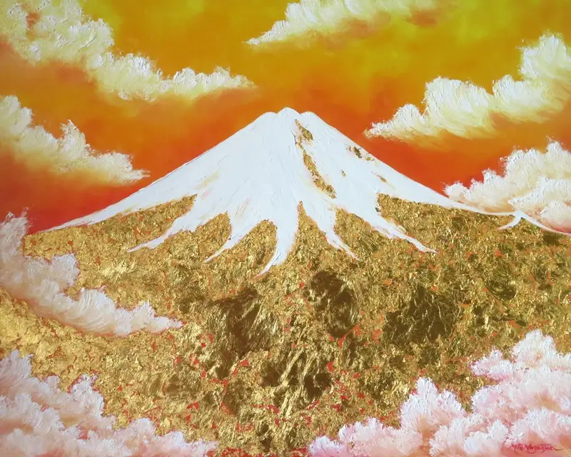 14670-114-01 純金箔の富士山画 「黄金の富士山 F80号」 洋画家 永月水人 作 油絵