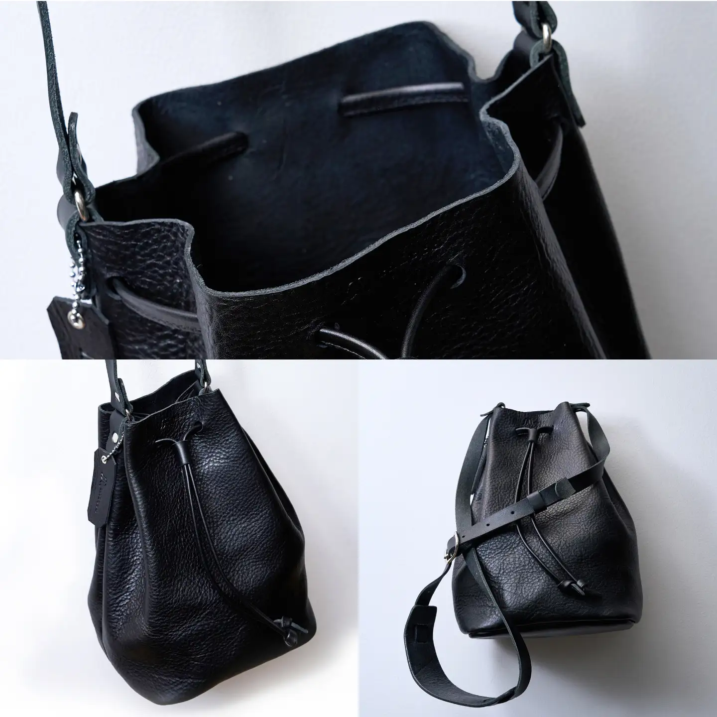 巾着ショルダーバッグM(ブラック) / レザー ショルダー ショルダーバッグ BAG bag バック バッグ 革 ギフト 巾着 きんちゃく / 諫早市 / 伊東製靴店[AHCN019]
