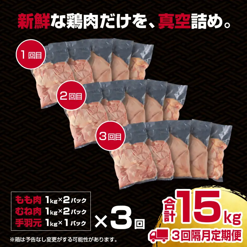 【3回定期便】訳あり！宮崎県産若鶏 5kg×3回 もも肉 むね肉 手羽元 食べ比べ3種セット＜18-58a＞