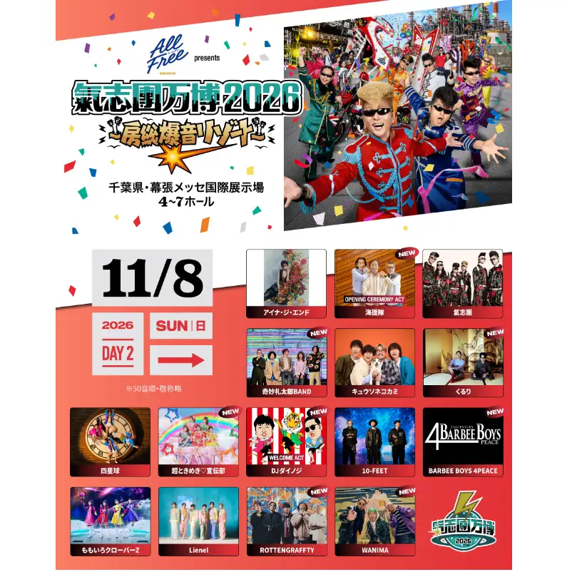氣志團万博チケット 11/8(日) 入場券 チケット 氣志團 ライブ コンサート フェス 氣志團万博2026 幕張 幕張メッセ 千葉県 千葉市