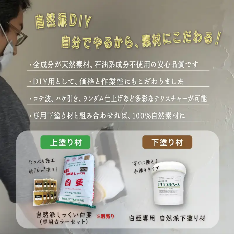 漆喰 自然派しっくい白亜専用 下塗り材 ナチュラルベース 水練り 18kg[32平方メートル]  | 簡単 DIY 練り済み しっくい 珪藻土 自然素材 リノベ リフォーム 南国市