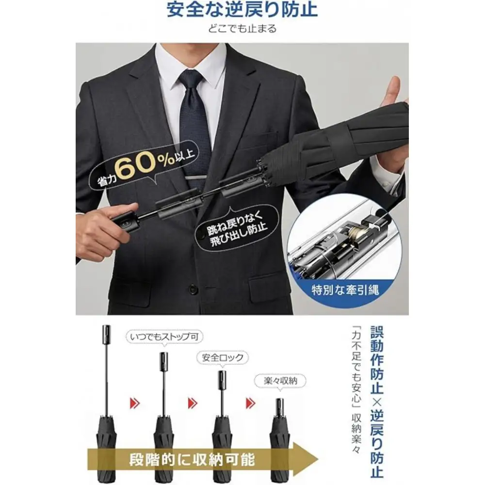 8本骨形状記憶折り畳み傘 ブラック【11100-2628】