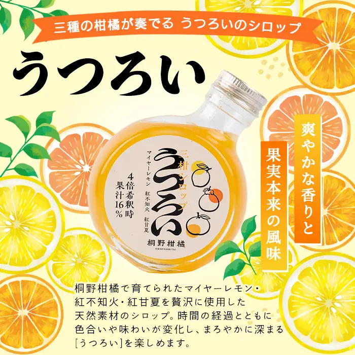 三柑シロップ (180ml×2本) 国産 檸檬 果実 果物 フルーツ 柑橘 デザート お菓子作り 常温配送 ドリンク シロップ 果汁 アレンジ レモネード ソーダ割 紅不知火 紅甘夏 【桐野柑橘株式会社】akn070-23