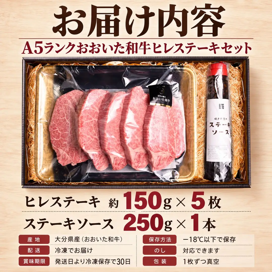 A5ランク おおいた和牛 ヒレ ステーキ セット 約750g （約150g×5枚）ステーキソース付き | 津久見市