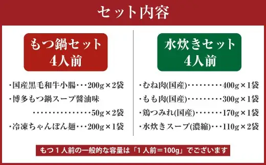 【2026年11月発送】国産 黒毛和牛 もつ鍋（醤油味）4人前 冷凍ちゃんぽん・濃縮スープ付＋ハーブ育ちチキン使用！水炊き 4人前 合計8人前