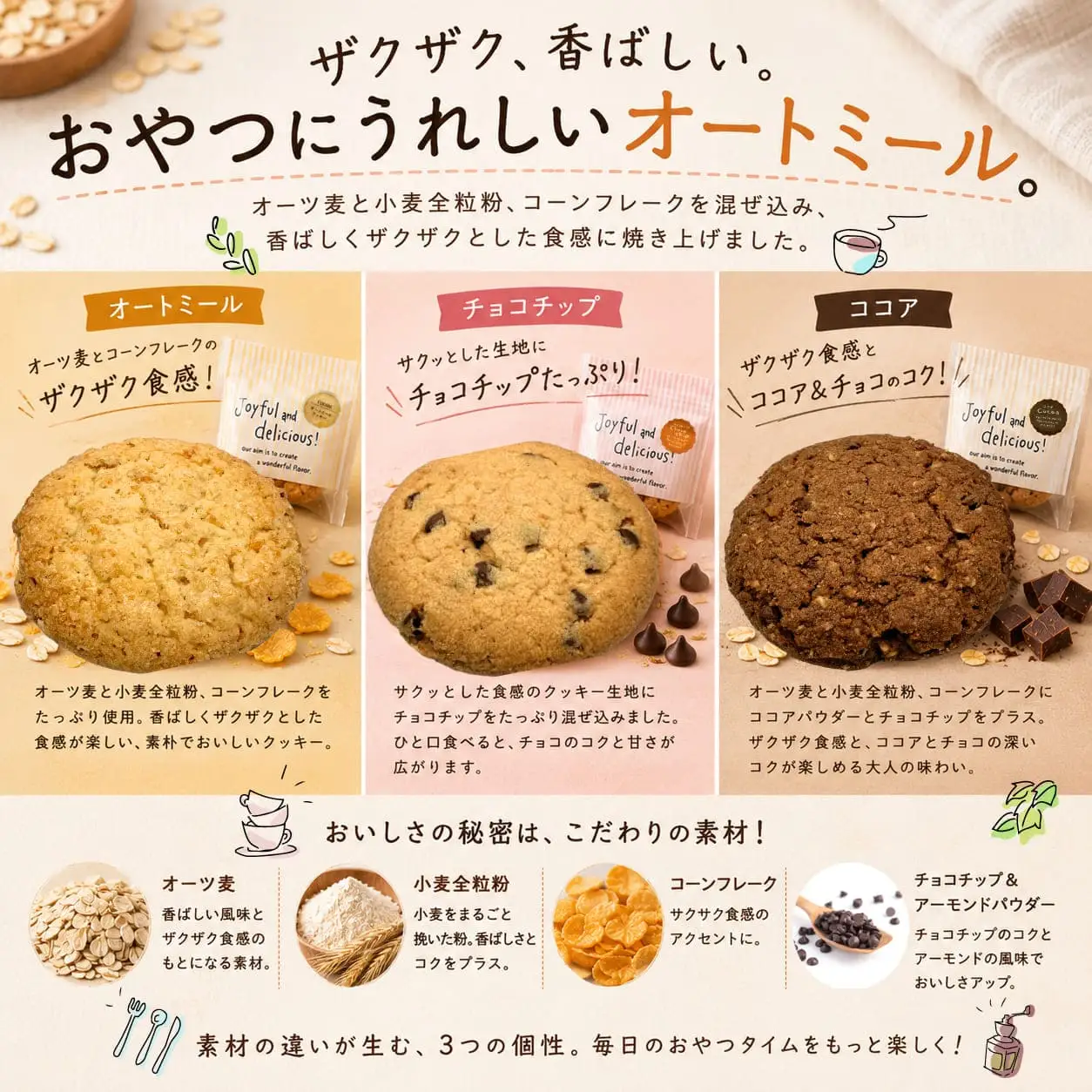クッキー詰め合わせ 3種 30枚（5枚入×6袋）｜オートミール・ココア・チョコチップ 食べ比べ (10189)