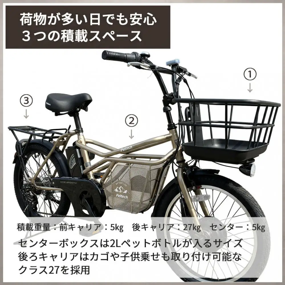 完成品でお届け！GRC-515ep 限定生産【カラー：ゴールドエディション】整備済み 電動自転車 eカーゴバイク 前カゴ付き電動アシスト自転車 20インチ 小径 低重心 シマノ製外装7段変速大阪府 堺市 完全組立 整備済発送 組立不要