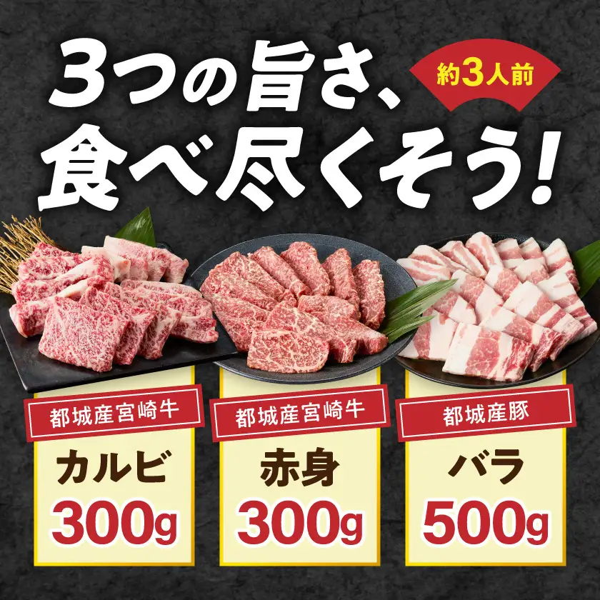 宮崎牛カルビ&赤身&豚バラ焼肉セット1.1kg〔25-022〕_(都城市)