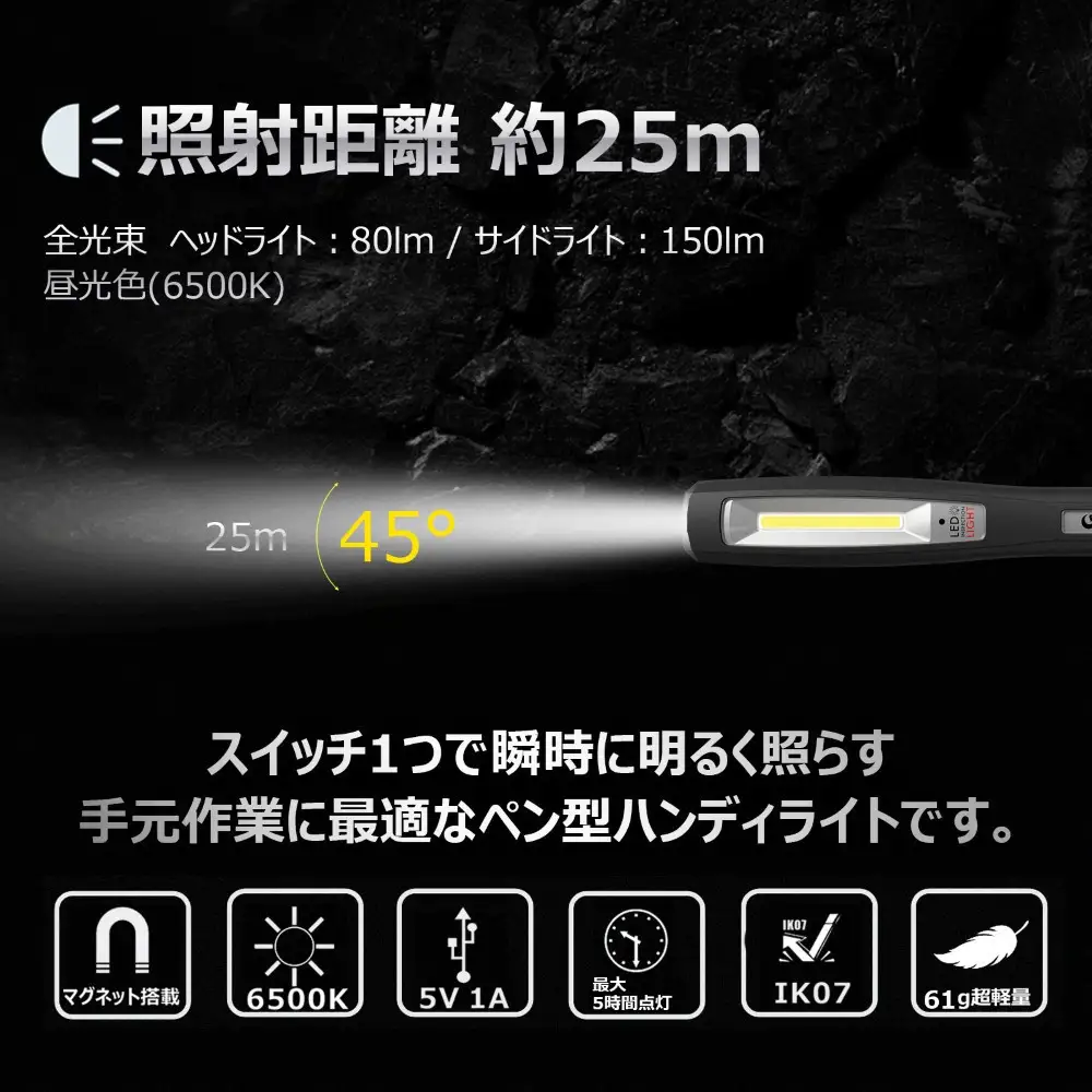 充電式LEDハンディライト 2灯式 マグネット付 耐衝撃IK07 HL-07C