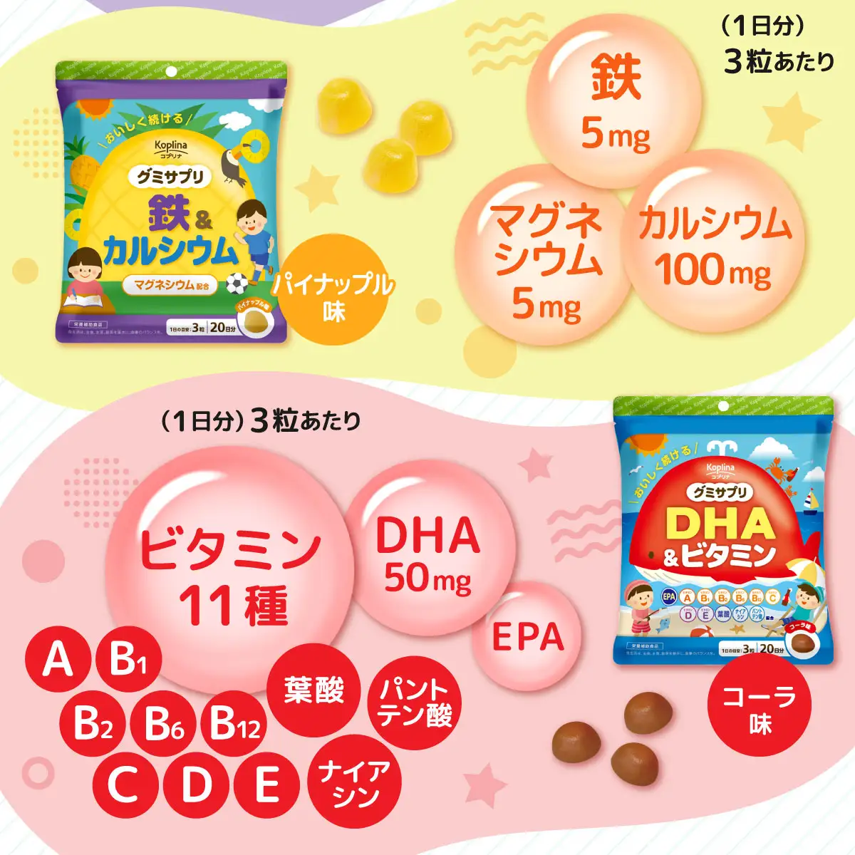 グミサプリ 3種組み合わせ（ビタミン、鉄＆カルシウム、DHA＆ビタミン各1袋）
