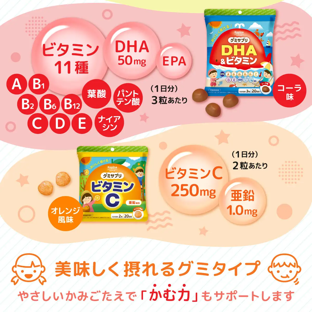 グミサプリ 4種組み合わせ（ビタミン、鉄＆カルシウム、DHA＆ビタミン、ビタミンC各1袋）