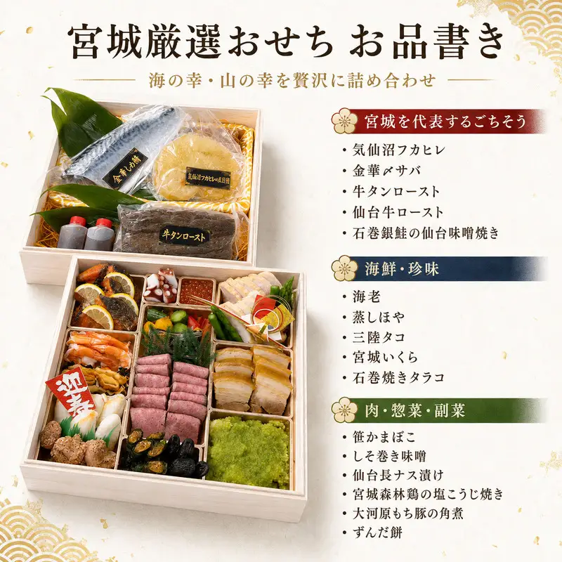 宮城厳選おせち おせち料理 豪華 高級食材 牛タン ロースト 仙台牛 気仙沼 フカヒレ 金華サバ 〆サバ 石巻 銀鮭 お節 御節 正月 お正月 新春 年越し 予約 お取り寄せ グルメ ご馳走 贅沢 冷凍 宮城県