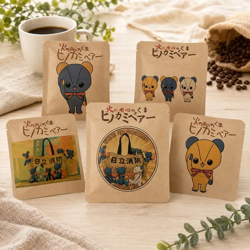 【定期便12カ月】12パック入りギフト12種類のヒノカミベアー印刷　中身は4種類ブラジル3P　コロンビア3P　グァテマラ3P　カラフルブレンド3P　　障がい者オリジナルコースター付【 コーヒー 茨城県 日立市 】