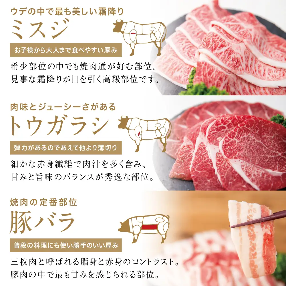 【3種盛り】焼肉用 計800g 黒毛和牛 希少部位 ミスジ・トウガラシ&豚バラ (鹿児島県産) 牛肉 赤身 霜降り 豚肉 焼き肉 セット 小分け BBQ バーベキュー 冷凍 スターゼン