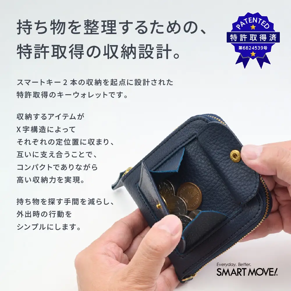 【京都市ふるさと納税】SMART MOVE!〈type2〉Twilight Blue｜薄暮の慕ふ（深めのネイビー）｜姫路産国産牛革 スマートキー2個収納 財布一体型キーケース ミニ財布 小銭入れ メンズ レディース ギフト［洛景工房］