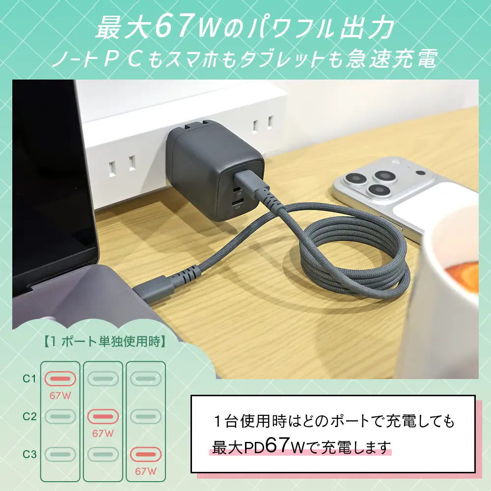 MOTTERU AC充電器 スマホ 軽量 3ポート アーモンドミルク