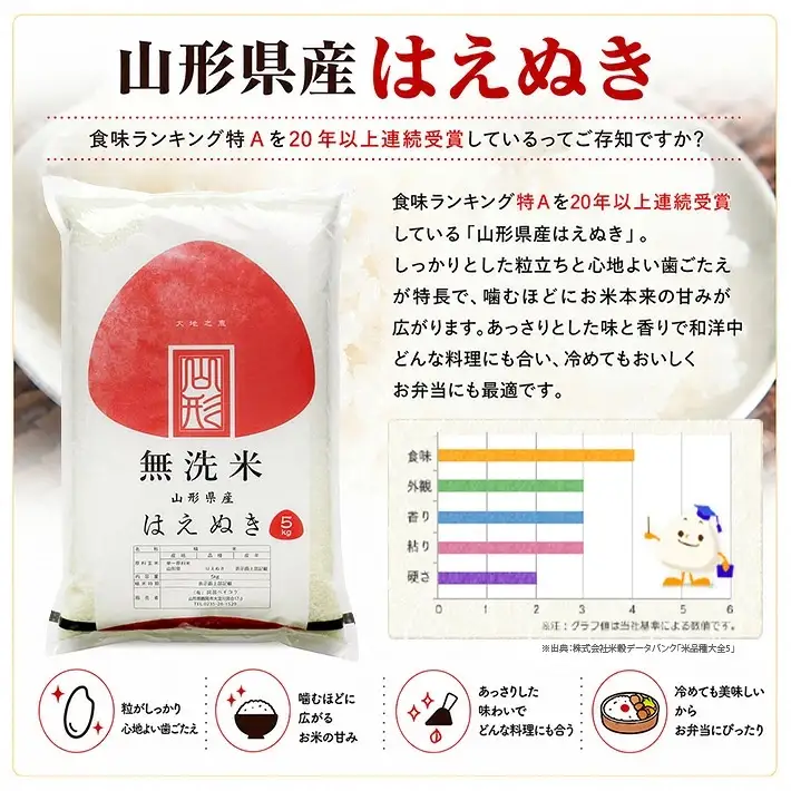 (12月～5月)≪6ヶ月定期便≫ 無洗米 はえぬき 5kg×6ヶ月連続 計30kg 山形県産 毎月中旬にお届け 東北 山形県 遊佐町 庄内地方 精米 白米 セット 阿部ベイコク[1738T12]