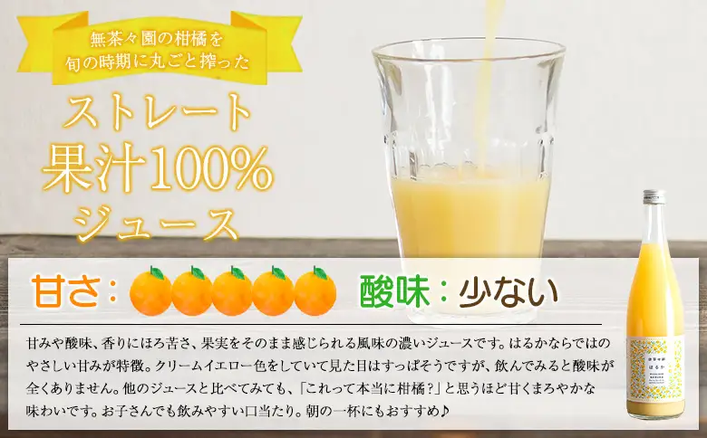 ＜無茶々園のはるかジュース 720ml×3本入＞『1か月以内に順次出荷予定』 果物 みかんジュース フルーツ ストレート 果汁 100% 御歳暮 ギフト 柑橘ジュース 蜜柑 ソフトドリンク 飲料 特産品 愛媛県 西予市【常温】AMC0094