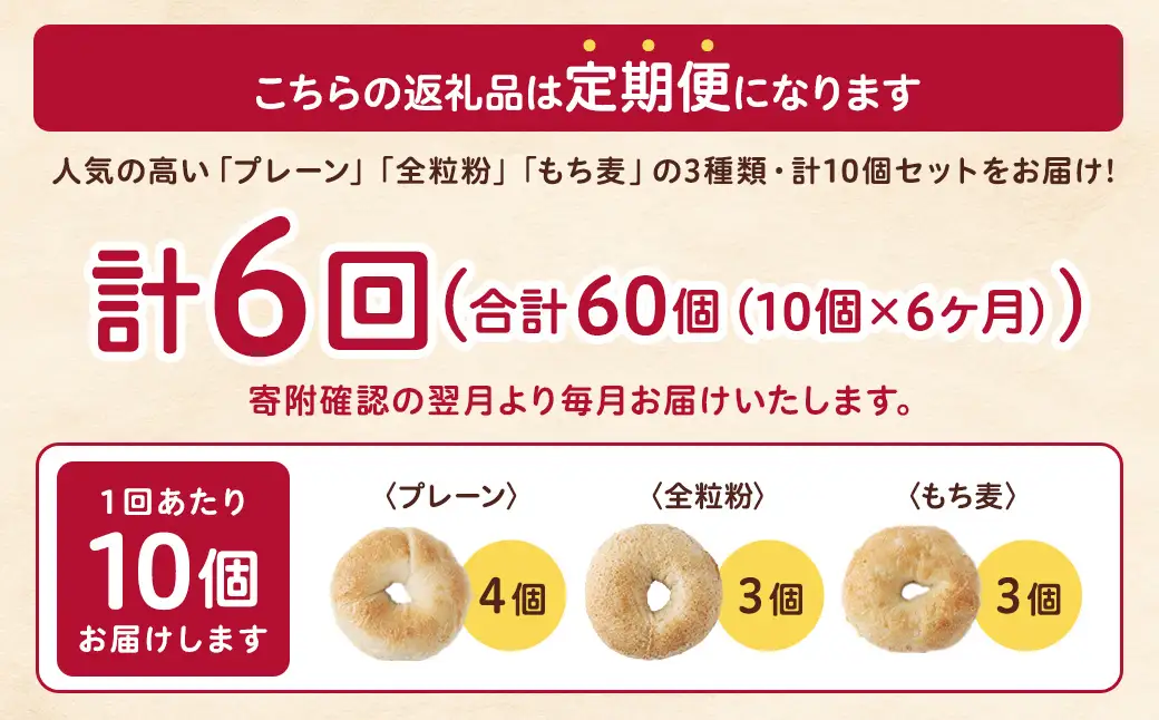 【 年6回定期便1ヶ月毎 】 国産小麦100%！會ベーグルの人気3種10個セット （ プレーン ・ 全粒粉 ・ もち麦 ） ベーグル 手作り パン ベーグル専門店 食品添加物不使用 冷凍ストック ストック