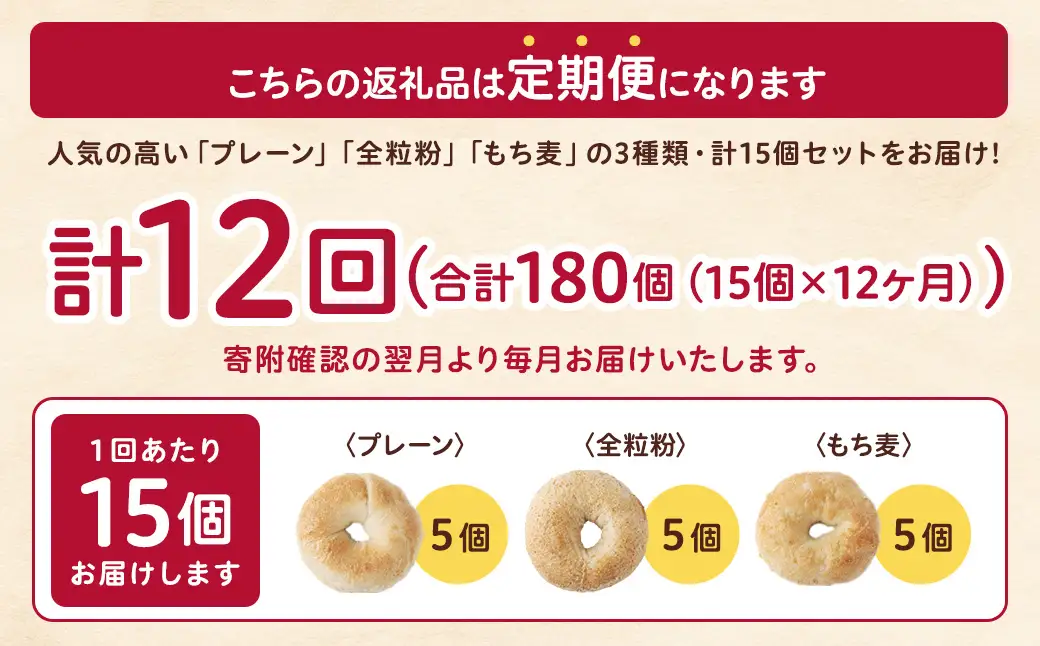 【 年12回定期便1ヶ月毎 】 国産小麦100%！會ベーグルの人気3種15個セット （ プレーン ・ 全粒粉 ・ もち麦 ） ベーグル 手作り パン ベーグル専門店 食品添加物不使用 冷凍ストック ストック